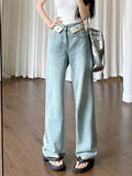 Ebbgo  -  Casual Letter Jeans Women Street Chic Loose Flanging Denim Pants Female Spring High Waist Straight New Wide Leg Trousers Lady