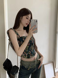 Ebbgo  Floral Print French Vintage Vest Women Ruffles Korean Fashion Sexy Tank Top Female Holiday Party Elegant Designer Camis  New