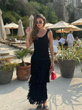 Ebbgo  -  Sleeveless Backless Layered Tassel Dress Women Knitted U-neck Sexy Solid Maxi Dresses Casual Holiday Party Evening Robe