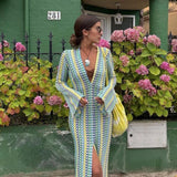 Ebbgo  -  Colorful Striped Women Crochet Knit Long Dresses Maxi Party Dresses Robe Flared Long Sleeve V-neck Sexy Club Funky Beach