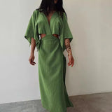 Ebbgo  -  Cotton Linen V-neck Party Dress Elegant V-neck Split Backless Hollow Solid Long Dress Women Casual Bat Sleeve Loose Maxi Dresses