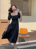 Ebbgo  2024 Summer Vintage Slim Dress Women Causal Short Sleeve Y2k Midi Dress Female Elegant Solid Party Dress Korean Fashion Chic