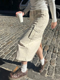 Ebbgo  -  Vintage Khaki Casual Cargo Skirts Chic Solid Side Pockets Sexy Low Waist Long Skirt Women Summer Streetwear Y2k Clothes