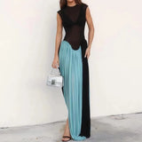 Ebbgo  -  Chic Fashion Contrast Color Pleated Long Dress Women Spring O Neck Mesh Boho Party Dress Summer Sleeveless Tank Loose Maxi Dress