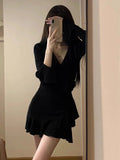 Ebbgo  Japanese V Neck Knitted Women Dress Fashion Sweet Elegant Chic Y2k Aesthetic Dresses Slim Waist Tunic Ruffles Vestido De Mujer