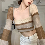 Ebbgo  2024 Spring New Hollow Out Knitted T-shirts Fashion Vintage Striped Tops Women Y2k Backless Lace Up Flare Sleeve Tee Shirt