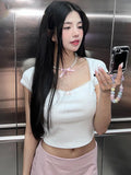 Ebbgo   Lace Bandage Shirts For Women 2024 Summer Pink Lovely Crop Tops Womens Street Casual Bodycon Lace-up Tank Top Ladies New