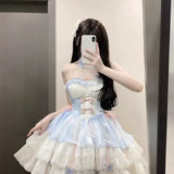 Ebbgo  Daily Lolita Princess Mini Dresses Sweet Cute Sexy Halter Bow Color Matching Sleeveless Slim Kawaii Ball Gown Dress for Women