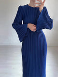 Ebbgo  -  Elegant Pleated Maxi Dresses Women Fashion Belt Solid Flare Sleeve O-neck Dress Female Spring Summer Ruffles Robe Outwear