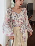 Ebbgo  Lantern Sleeve Women Thin Blouses Printed Chiffon Summer V-Neck  Slim Thin Florals New Sexy Work Wear Gentle