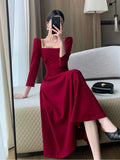 Ebbgo  -  Women Casual Folds Midi Dress French Elegant Long Sleeve A Line Party Dresses Spring Autumn Vintage Solid Clothes Female