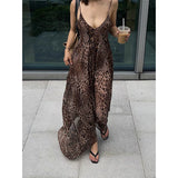 Ebbgo  Leopard Print Open Back Sling Maxi Dress Women Sexy Off Shoulder Sleeveless Slim Vestidos Female Elegant Vacation Beach Robes