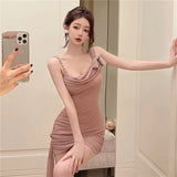 Ebbgo  Sexy Lace up Bow Mesh Mini Hip Wrap Dress for Summer Women's Dress 2024 New SKinny Solid Folds SLing Dress for Ladies