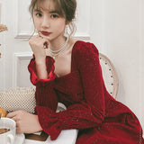 Ebbgo  -  Bridal Red Party Marriage Engagement Formal Dress Long Sleeve Satin Square Collar Shiny Maxi Dress H2992p