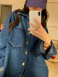 Ebbgo  -  Denim Shirt Women Casual Loose Solid Vintage Fashion Pocket Top Female Spring New Long Sleeves Chic Shirts Lady