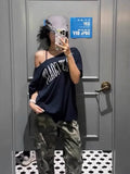 Ebbgo  -  Loose Off Shoulder Letter Graphic T Shirts Woman Clothing Short Sleeve American Retro Summer Tops Korean Style Y2k Tees