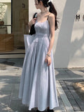 Ebbgo  New Summer Solid Midi Dress Women Spaghetti Strap A-line Casual Korean Chic Streetwear with Pockets Slim One Piece Vestidos