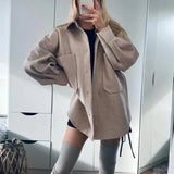 Ebbgo  Casual Woman Camel Loose Pocket Woolen Shirt  Chic Ladies Autumn Long Sleeve Thick Blouse Coat Female Long Outwear