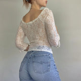 Ebbgo   Fairy Coquette Floral Lace T-shirt Low Cut Front Tie Up White Tees Chic Women Vintage Y2K Milkmaid Crop Tops Clothes