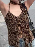 Ebbgo  Vintage Leopard Print Tanks Streetwear Irregular Ruffled Women Backless Camisole 2024 Summer Grunge Sexy Y2k Aesthetic Crop Top