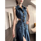 Ebbgo  Retro Denim Dress Women's  Summer New Shirt Collar Hollow Split Waist Long Skirt Sleeveless One-piece Sexy Denim Dresses