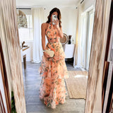 Ebbgo  -  Summer Halter Sleeveless Holiday Maxi Dress Spring Printed Hollow Boho Long Dress Women Elegant Tunic Mesh Lace Cake Party Dress