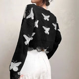 Ebbgo  Black Sexy Crop Knit Women's Sweater Fall And Winter  Butterfly Design Korean Style Pullover Soft Sweaters