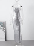 Ebbgo  -  Sequins Sexy Backless Slip Maxi Dress Women Silver Sleeveless Slim Hip Package Evening Party Dresses Summer Club Robe