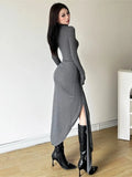 Ebbgo  -  Spring New Simple Sexy Irregular Dress Women's Elegant Bodycon Gray High Split Runway Dresses Autumn Long Sleeve Modern Clothes