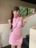 Ebbgo  -  Summer New Korean Age Reducing Hanging Neck Sleeveless Pink Plaid Irregular Bow Dress