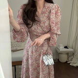 Ebbgo  Korean Spring French Elegant floral prints Dresses for Women's Dress 2024 New Skinny V-neck Full Puff Sleeves Maxi Dress Woman