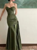 Ebbgo  Elegant Emerald Green Irregular Patchwork Evening Party Dress High Waist Spaghetti Strap Pleated Hem Prom Gown For Women