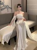 Ebbgo  -  French Romantic White Wedding Dress Elegant Hollow Out Backless Evening Party Dresses Women Summer Off Shoulder Robe Mujers