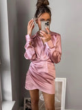 Ebbgo   Women Fashion Pink With Gathered Satin Mini Dress Vintage V Neck Long Sleeve Female Dresses Loose Fold Solid Dress