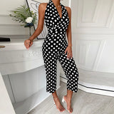 Ebbgo  -  Women Sexy Sleeveless Halter Slim Jumpsuit Fashion Retro Dot Print Backless Party Overalls Playsuit Elegant Office Lady Rompers