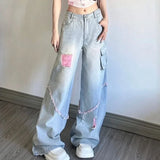 Ebbgo  With Holes Pants for Women Pockets Torn Ripped Trousers Blue Womens Jeans High Waist Shot Trend 2024 Retro Fashion Casual Korean