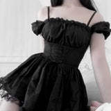 Ebbgo  -  Lolita Princess Black Gothic Sexy Mini Bad Girl Dress Japanese Kawaii High Waist Puff Sleeve Lace Ruffles White Party Robe Women