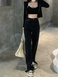 Ebbgo  Black Pants Women Denim New Split Straight Loose Wide Leg  Slim Casual Office Lady All Match Streetwear Jeans