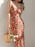 Ebbgo  -  Summer New Rose Floral Printed Midi Dress French Style Women's Spaghetti Strap Slim Waist Backless Vestidos Elegant Party Robe