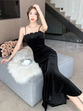 Ebbgo  -  Autumn Winter Black Velvet Chic Appliques Sling Long Dress Women Luxury Elegant Dress Korean Vintag Dance Party Night Dress