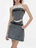 Ebbgo  -  Women's Summer Sexy 2 pcs Sets Off Shoulder Denim Tops+High Waist Pleated Jean Skirt Set