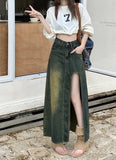 Ebbgo  -  South Korean Fashion New Summer High Waist Mid Length Half Length Skirt Women's Design Sense Large Split Washed Denim Skir