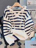 Ebbgo  -  Women Sweater Fashion Stripe Loose Hooded Knitting Sweaters Vintage Long Sleeve Female Pullover Tops