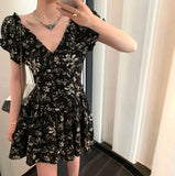 Ebbgo  Puff Sleeve Chiffon Dress Y2K Women's Dress Floral One Pieces Korea Flower V Neck Sundress Mini Skirt Vacation Party Dress