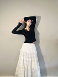 Ebbgo  -  New Spring Elegant Two Piece Set Women Black Short Tops + Cake Skirt Lace Patchwork Ruffles Long Skirts Suits