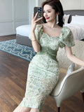 Ebbgo  French Sweet Green Midi Dresses for Women Bubble Sleeve Tull Gauze Embroidery Exquisite Lace Robe Femme Party Banquet Vestidos