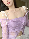 Ebbgo  Purple Backless Sexy Crop Tops Women Lace Korean Fashion Designer Slim Blouse Female Bow Button Elegant Sweet Tops New