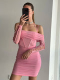 Ebbgo  - Elegant Off The Shoulder Mesh Dress Sexy Halter Boning Bodycon Birthday Party Dresses Pink Summer Dresses Women