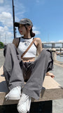 Ebbgo  -  Grey American High-Waisted Drawstring Overalls Casual Pants Women's Summer Thin Loose Straight Leg Pants Wide Leg Pants Mop Pant