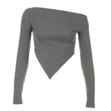 Ebbgo  2024 Spring New Gray Knitted T-shirts American Sexy Off Shoulder Slim Fit Tops Women Y2k Grunge Long Sleeve Tee Shirt